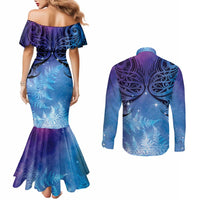 New Zealand Matariki Couples Matching Mermaid Dress and Long Sleeve Button Shirt Aotearoa Maori New Year Galaxy Maori Silver Fern