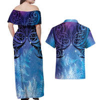 New Zealand Matariki Couples Matching Off Shoulder Maxi Dress and Hawaiian Shirt Aotearoa Maori New Year Galaxy Maori Silver Fern
