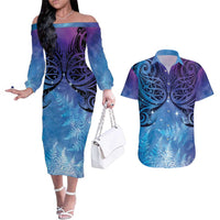 New Zealand Matariki Couples Matching Off The Shoulder Long Sleeve Dress and Hawaiian Shirt Aotearoa Maori New Year Galaxy Maori Silver Fern
