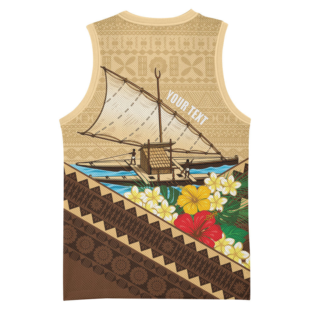 Personalised Bula Vinaka Fiji Drua Basketball Jersey Fijian Traditional Canoe Tapa Cloth Beige