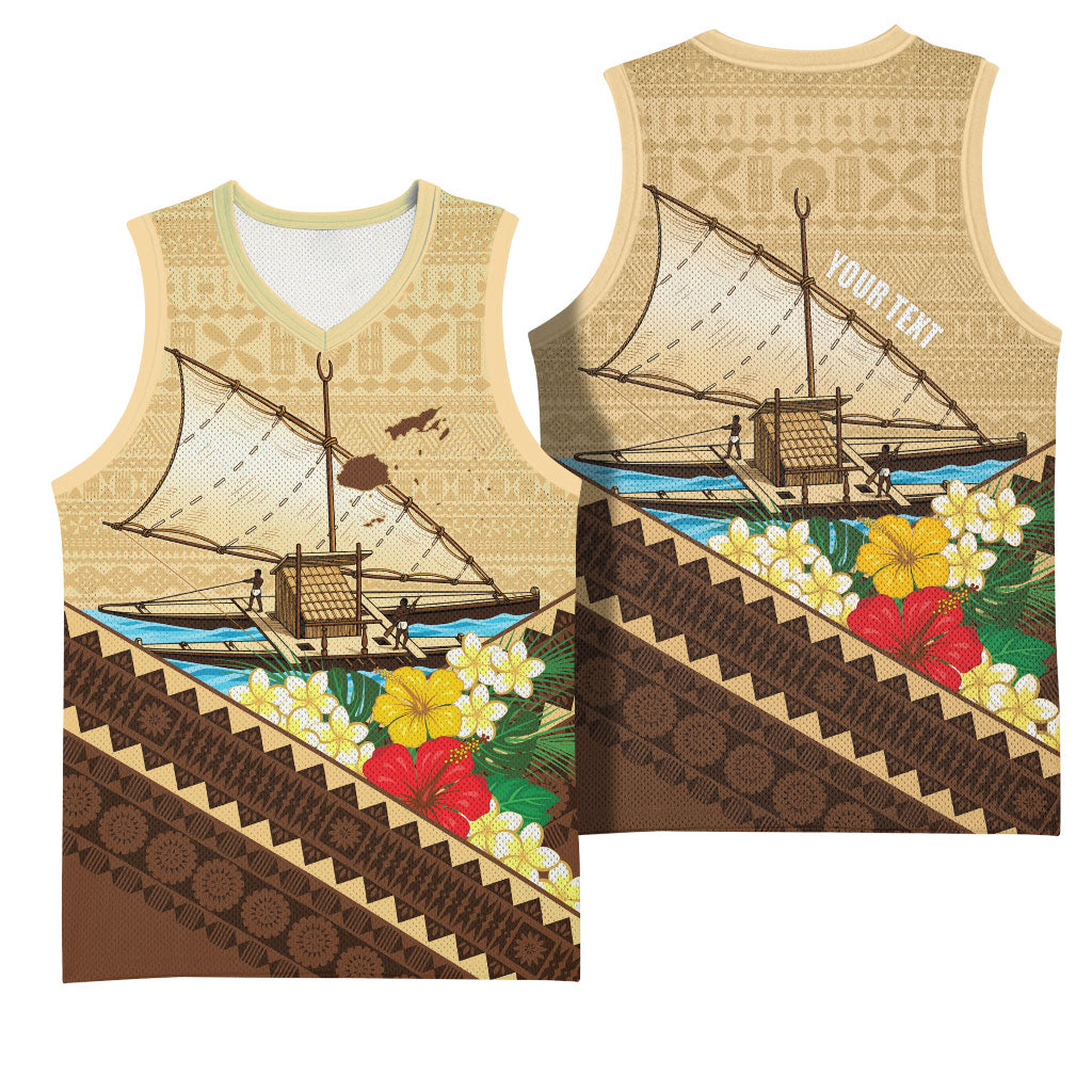 Personalised Bula Vinaka Fiji Drua Basketball Jersey Fijian Traditional Canoe Tapa Cloth Beige