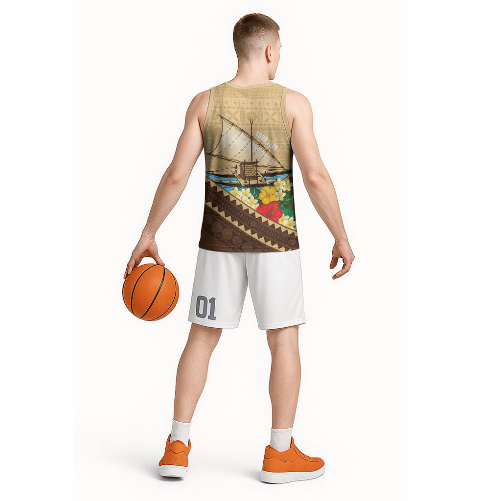 Personalised Bula Vinaka Fiji Drua Basketball Jersey Fijian Traditional Canoe Tapa Cloth Beige