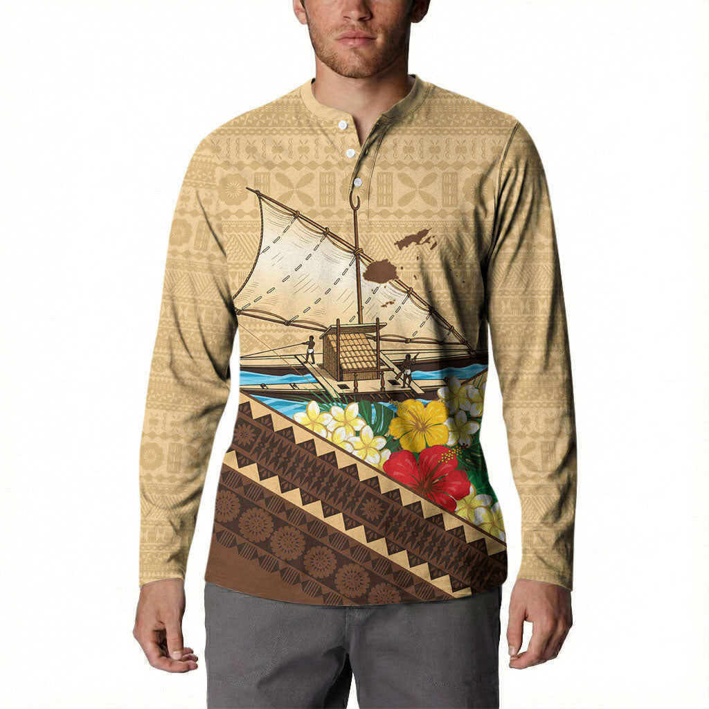 Personalised Bula Vinaka Fiji Drua Button Sweatshirt Fijian Traditional Canoe Tapa Cloth Beige LT14 - Polynesian Pride