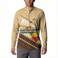Personalised Bula Vinaka Fiji Drua Button Sweatshirt Fijian Traditional Canoe Tapa Cloth Beige LT14 - Polynesian Pride