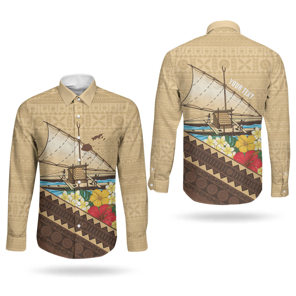 Personalised Bula Vinaka Fiji Drua Couples Matching Off Shoulder Maxi Dress and Long Sleeve Button Shirt Fijian Traditional Canoe Tapa Cloth Beige LT14 - Polynesian Pride