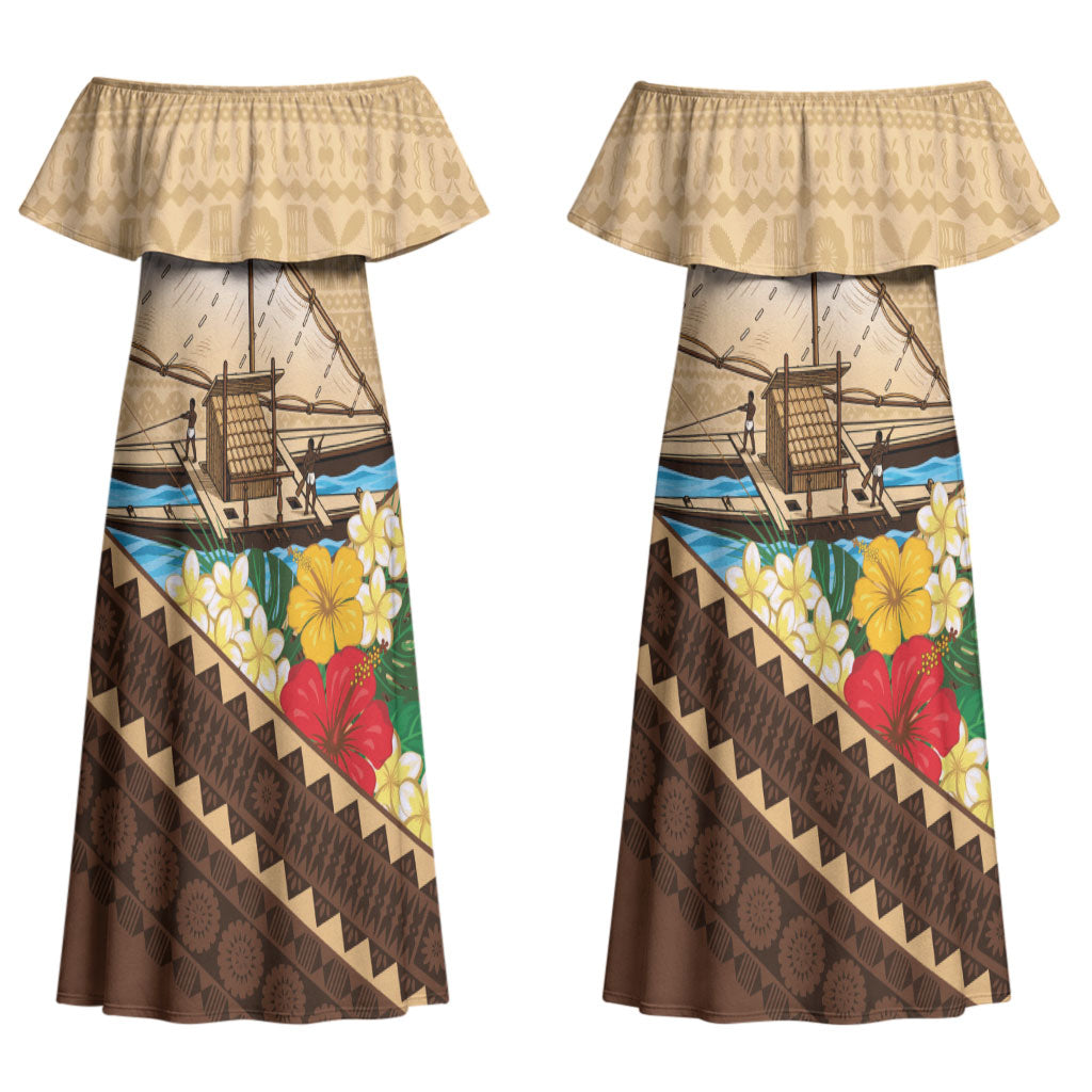 Personalised Bula Vinaka Fiji Drua Couples Matching Off Shoulder Maxi Dress and Long Sleeve Button Shirt Fijian Traditional Canoe Tapa Cloth Beige LT14 - Polynesian Pride