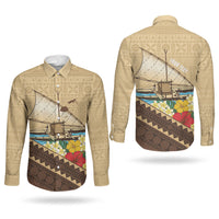 Personalised Bula Vinaka Fiji Drua Couples Matching Off Shoulder Short Dress and Long Sleeve Button Shirt Fijian Traditional Canoe Tapa Cloth Beige LT14 - Polynesian Pride