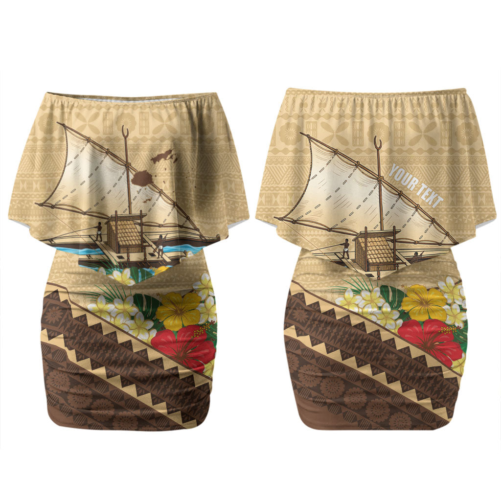 Personalised Bula Vinaka Fiji Drua Couples Matching Off Shoulder Short Dress and Long Sleeve Button Shirt Fijian Traditional Canoe Tapa Cloth Beige LT14 - Polynesian Pride