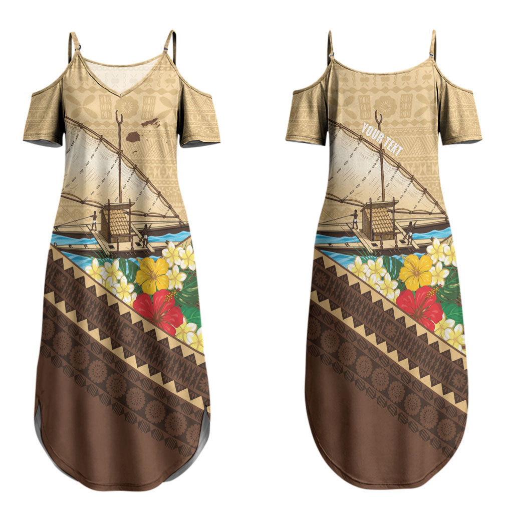 Personalised Bula Vinaka Fiji Drua Couples Matching Summer Maxi Dress and Long Sleeve Button Shirt Fijian Traditional Canoe Tapa Cloth Beige LT14 - Polynesian Pride