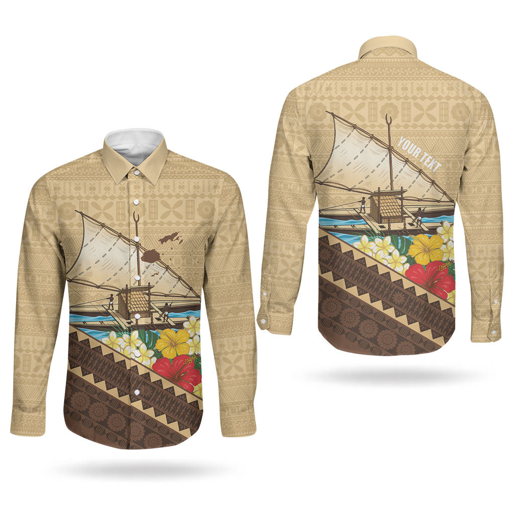 Personalised Bula Vinaka Fiji Drua Couples Matching Tank Maxi Dress and Long Sleeve Button Shirt Fijian Traditional Canoe Tapa Cloth Beige LT14 - Polynesian Pride