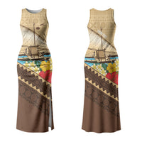 Personalised Bula Vinaka Fiji Drua Couples Matching Tank Maxi Dress and Long Sleeve Button Shirt Fijian Traditional Canoe Tapa Cloth Beige LT14 - Polynesian Pride