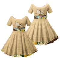 Personalised Bula Vinaka Fiji Drua Family Matching Long Sleeve Bodycon Dress and Hawaiian Shirt Fijian Traditional Canoe Tapa Cloth Beige LT14 Daughter's Dress Beige - Polynesian Pride