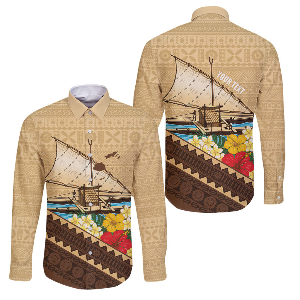 Personalised Bula Vinaka Fiji Drua Family Matching Off The Shoulder Long Sleeve Dress and Hawaiian Shirt Fijian Traditional Canoe Tapa Cloth Beige LT14 Dad's Shirt - Long Sleeve Beige - Polynesian Pride