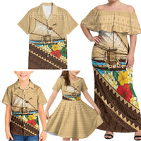 Personalised Bula Vinaka Fiji Drua Family Matching Off Shoulder Maxi Dress and Hawaiian Shirt Fijian Traditional Canoe Tapa Cloth Beige LT14 - Polynesian Pride