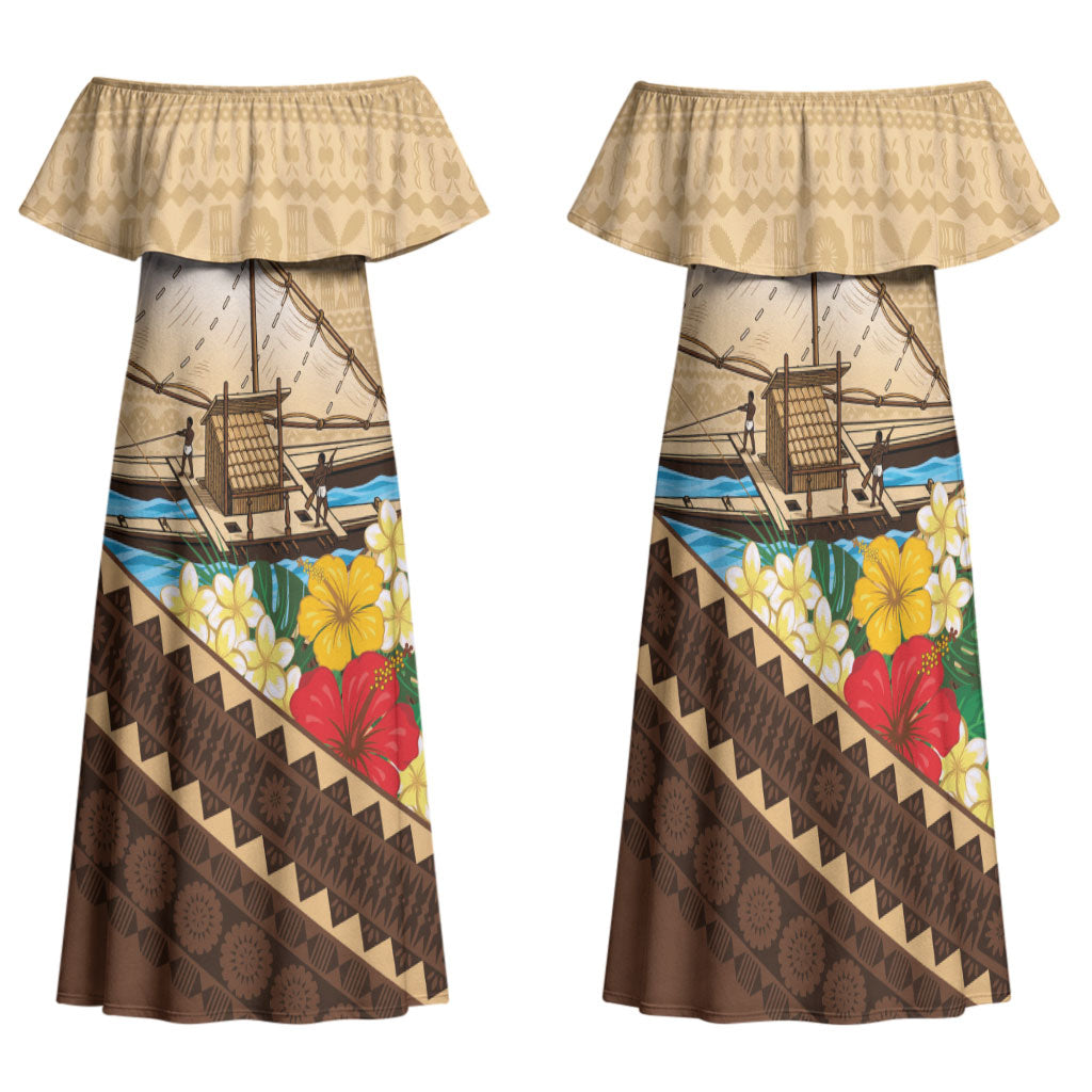 Personalised Bula Vinaka Fiji Drua Family Matching Off Shoulder Maxi Dress and Hawaiian Shirt Fijian Traditional Canoe Tapa Cloth Beige LT14 Mom's Dress Beige - Polynesian Pride