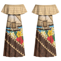 Personalised Bula Vinaka Fiji Drua Family Matching Off Shoulder Maxi Dress and Hawaiian Shirt Fijian Traditional Canoe Tapa Cloth Beige LT14 Mom's Dress Beige - Polynesian Pride