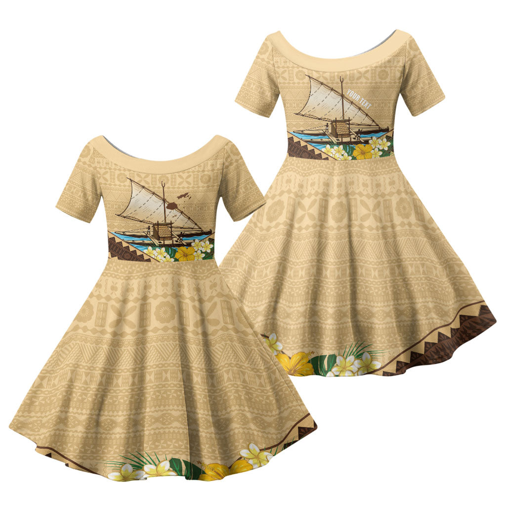 Personalised Bula Vinaka Fiji Drua Family Matching Short Sleeve Bodycon Dress and Hawaiian Shirt Fijian Traditional Canoe Tapa Cloth Beige LT14 Daughter's Dress Beige - Polynesian Pride