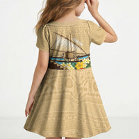 Personalised Bula Vinaka Fiji Drua Kid Short Sleeve Dress Fijian Traditional Canoe Tapa Cloth Beige