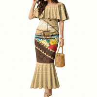 Personalised Bula Vinaka Fiji Drua Mermaid Dress Fijian Traditional Canoe Tapa Cloth Beige LT14 Women Beige - Polynesian Pride