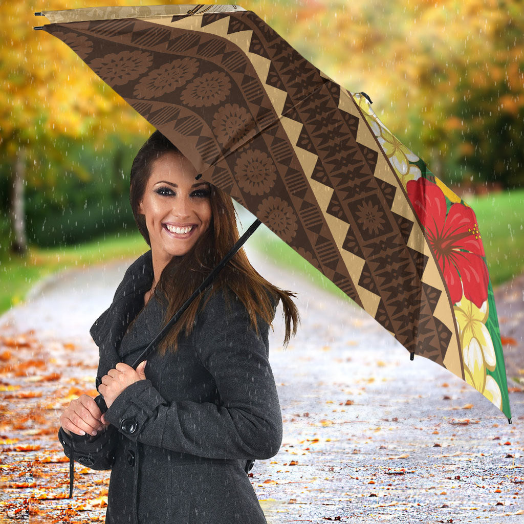 Personalised Bula Vinaka Fiji Drua Umbrella Fijian Traditional Canoe Tapa Cloth Beige LT14 - Polynesian Pride