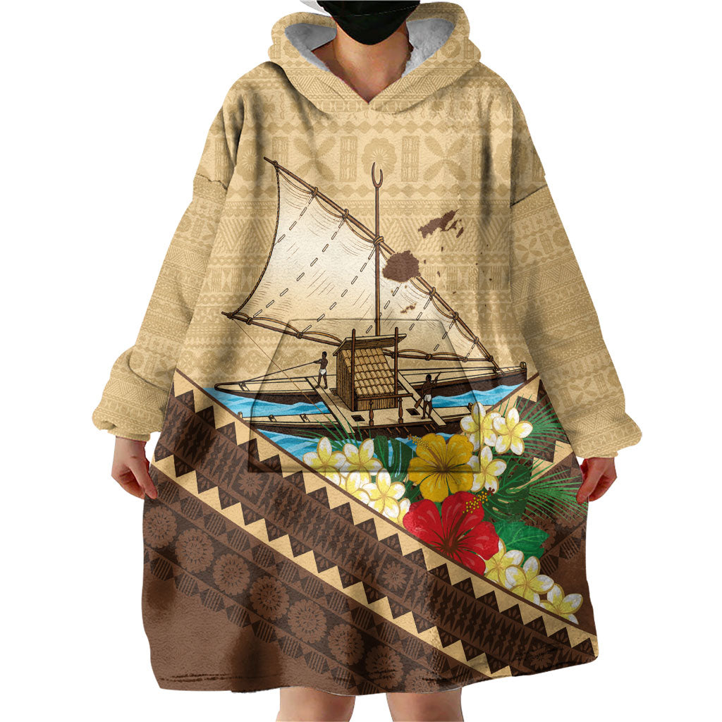 Personalised Bula Vinaka Fiji Drua Wearable Blanket Hoodie Fijian Traditional Canoe Tapa Cloth Beige