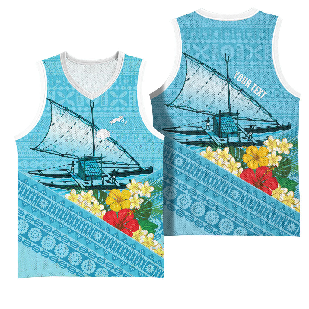 Personalised Bula Vinaka Fiji Drua Basketball Jersey Fijian Traditional Canoe Tapa Cloth Blue
