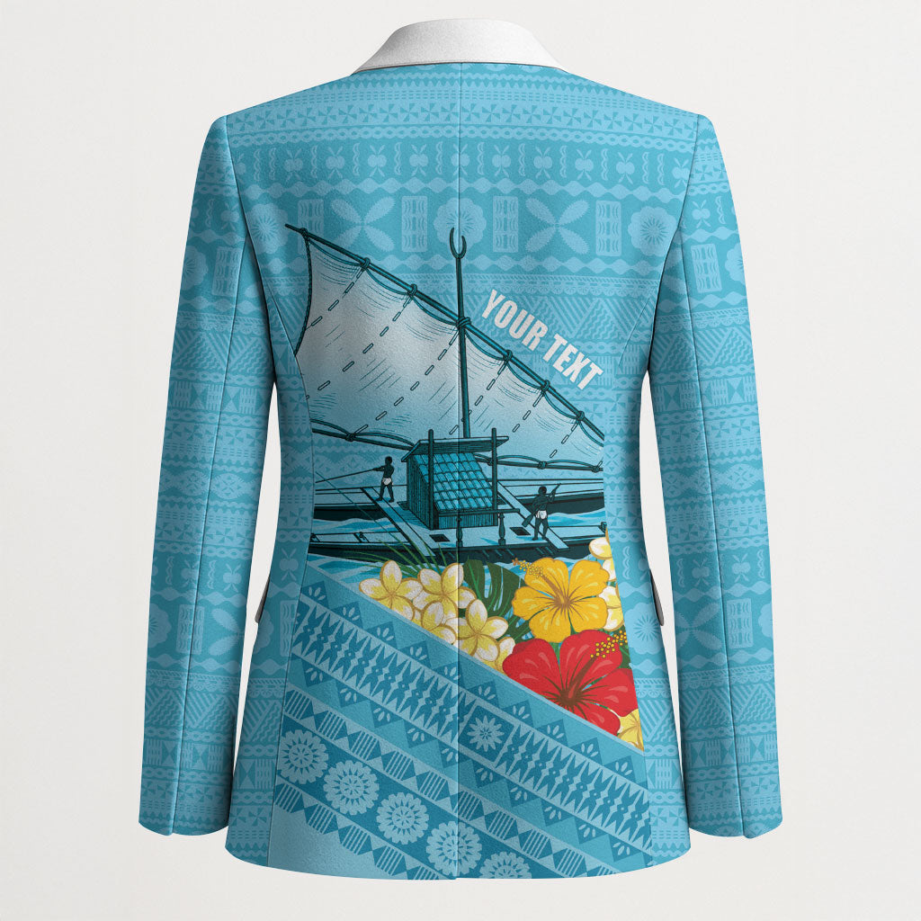 Personalised Bula Vinaka Fiji Drua Blazer Fijian Traditional Canoe Tapa Cloth Blue LT14 - Polynesian Pride