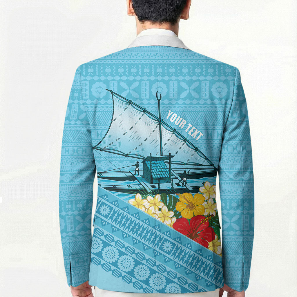 Personalised Bula Vinaka Fiji Drua Blazer Fijian Traditional Canoe Tapa Cloth Blue LT14 - Polynesian Pride