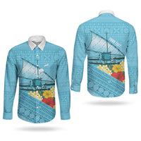 Personalised Bula Vinaka Fiji Drua Couples Matching Summer Maxi Dress and Long Sleeve Button Shirt Fijian Traditional Canoe Tapa Cloth Blue LT14 - Polynesian Pride