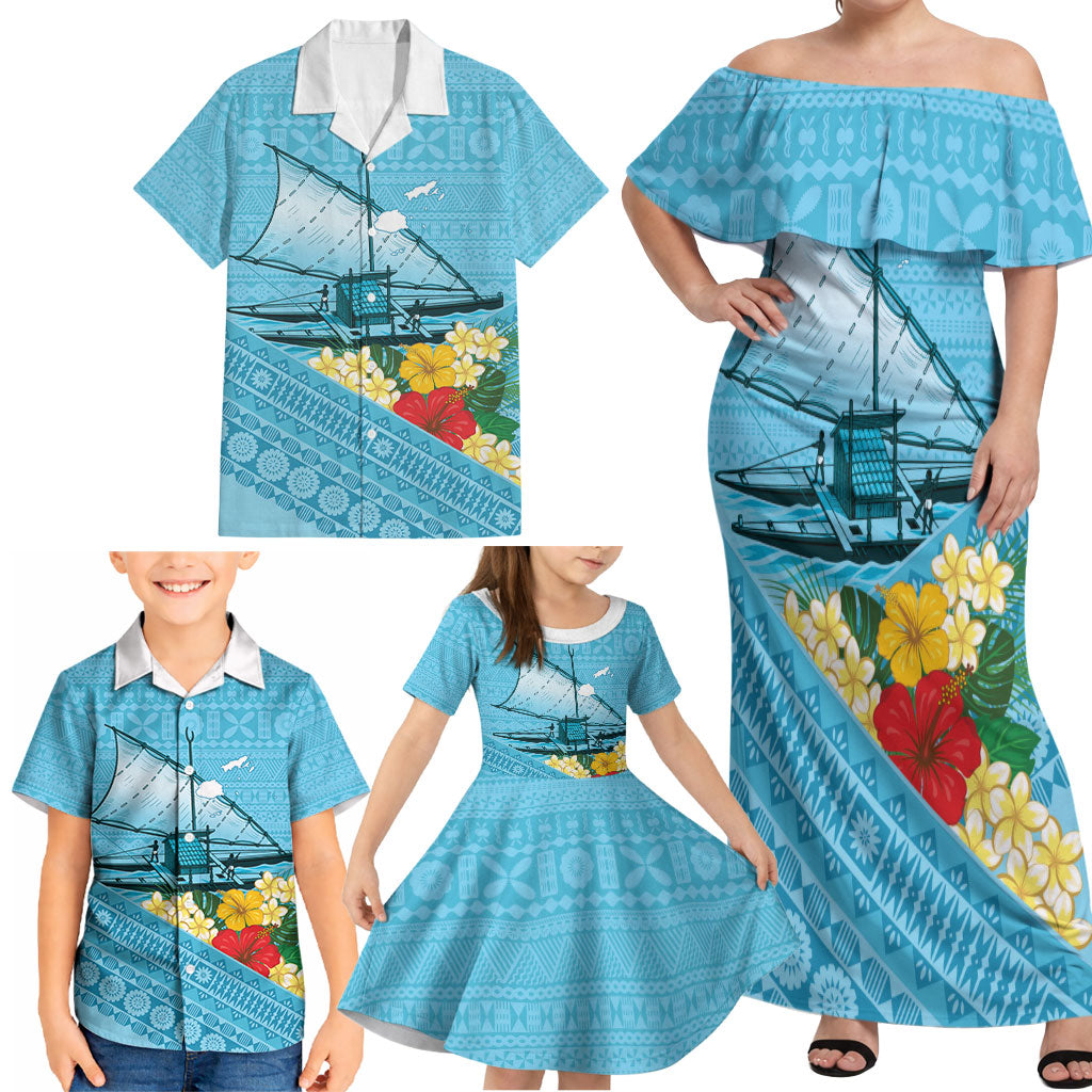 Personalised Bula Vinaka Fiji Drua Family Matching Off Shoulder Maxi Dress and Hawaiian Shirt Fijian Traditional Canoe Tapa Cloth Blue