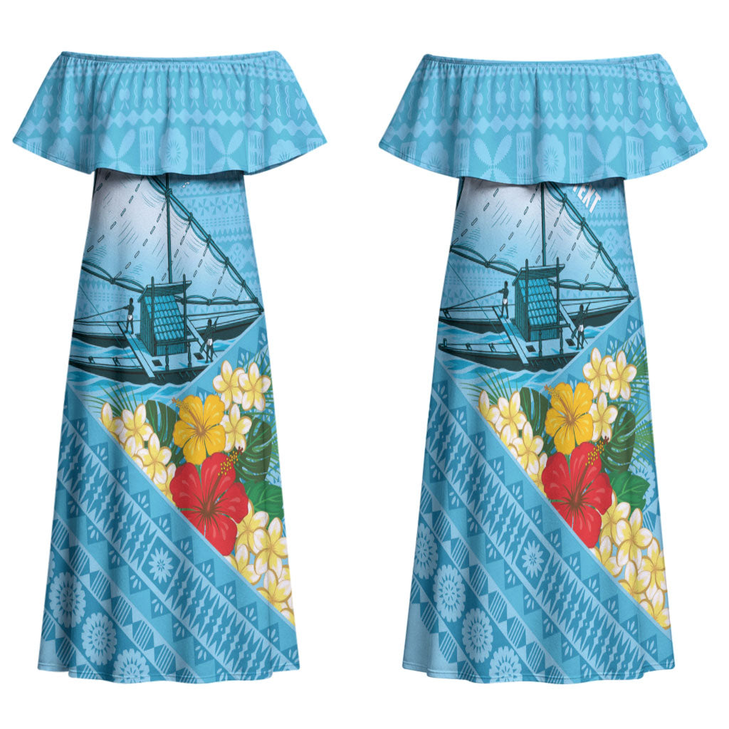 Personalised Bula Vinaka Fiji Drua Family Matching Off Shoulder Maxi Dress and Hawaiian Shirt Fijian Traditional Canoe Tapa Cloth Blue