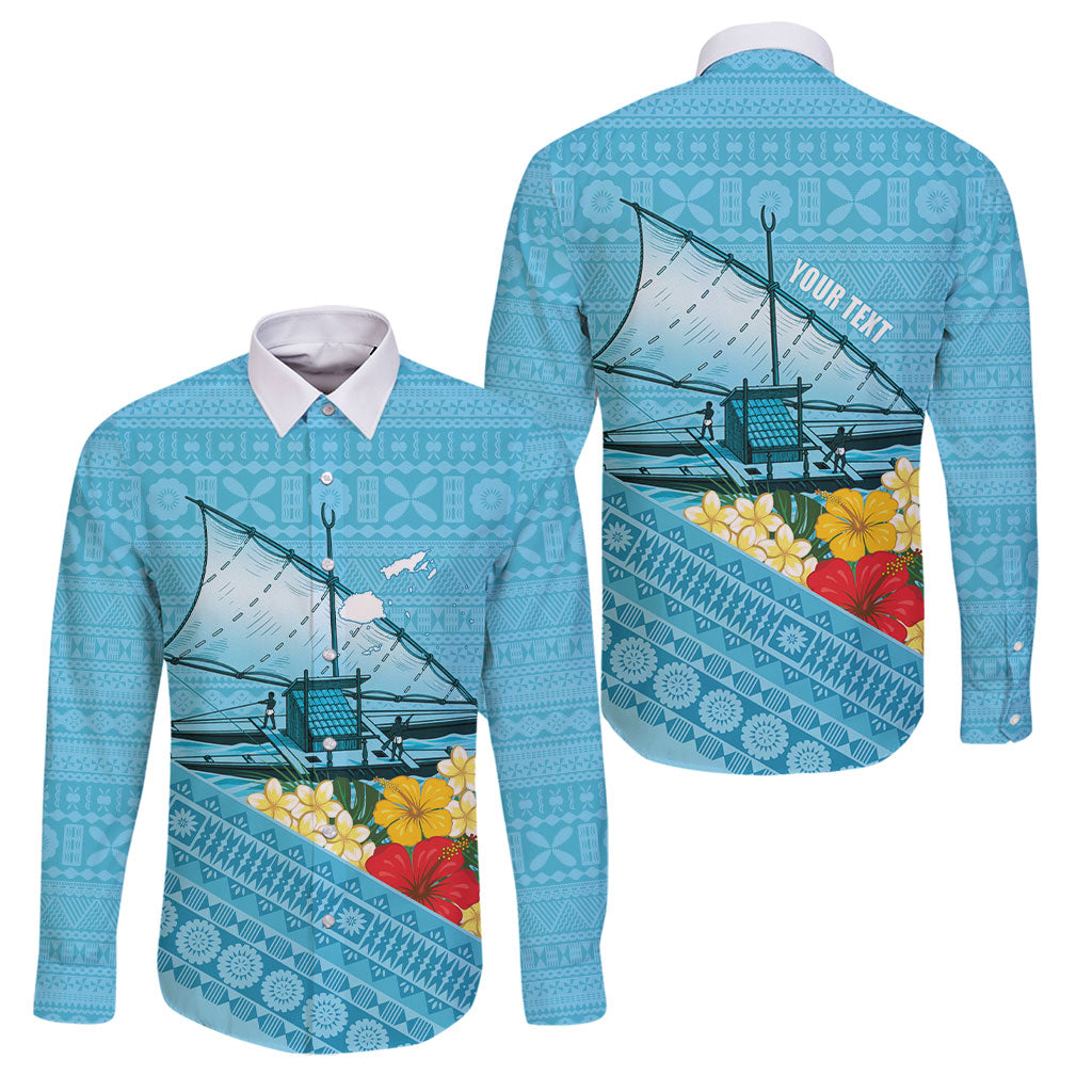 Personalised Bula Vinaka Fiji Drua Family Matching Off Shoulder Maxi Dress and Hawaiian Shirt Fijian Traditional Canoe Tapa Cloth Blue
