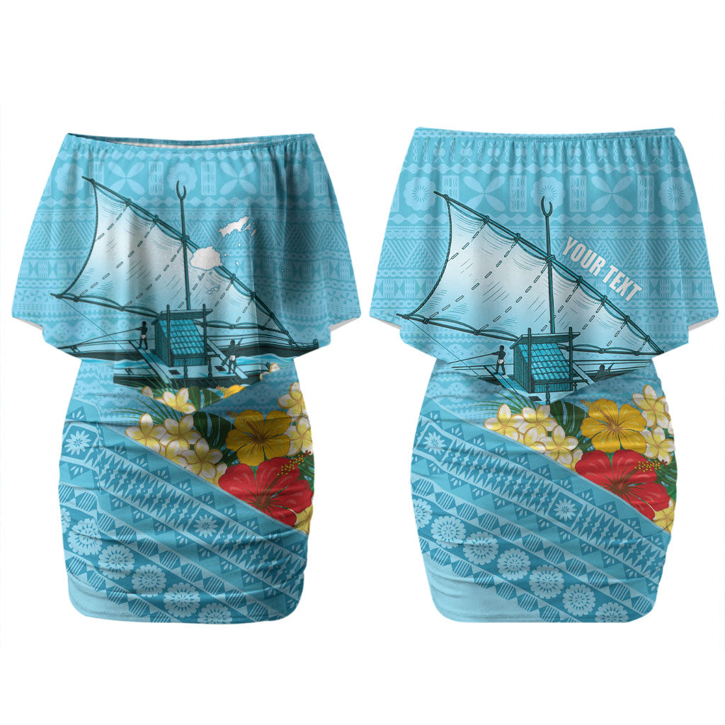 Personalised Bula Vinaka Fiji Drua Family Matching Off Shoulder Short Dress and Hawaiian Shirt Fijian Traditional Canoe Tapa Cloth Blue LT14 Mom's Dress Blue - Polynesian Pride