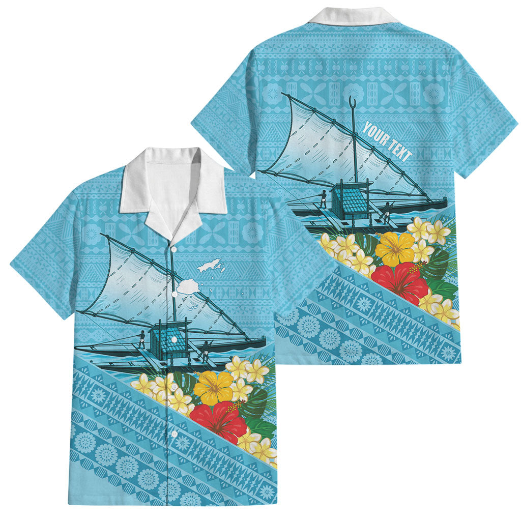 Personalised Bula Vinaka Fiji Drua Family Matching Off Shoulder Short Dress and Hawaiian Shirt Fijian Traditional Canoe Tapa Cloth Blue LT14 Dad's Shirt - Short Sleeve Blue - Polynesian Pride