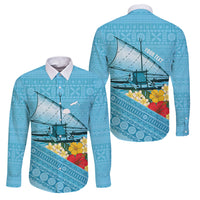 Personalised Bula Vinaka Fiji Drua Family Matching Off Shoulder Short Dress and Hawaiian Shirt Fijian Traditional Canoe Tapa Cloth Blue LT14 Dad's Shirt - Long Sleeve Blue - Polynesian Pride