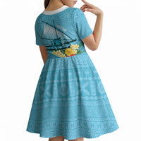 Personalised Bula Vinaka Fiji Drua Kid Short Sleeve Dress Fijian Traditional Canoe Tapa Cloth Blue
