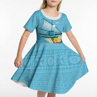 Personalised Bula Vinaka Fiji Drua Kid Short Sleeve Dress Fijian Traditional Canoe Tapa Cloth Blue