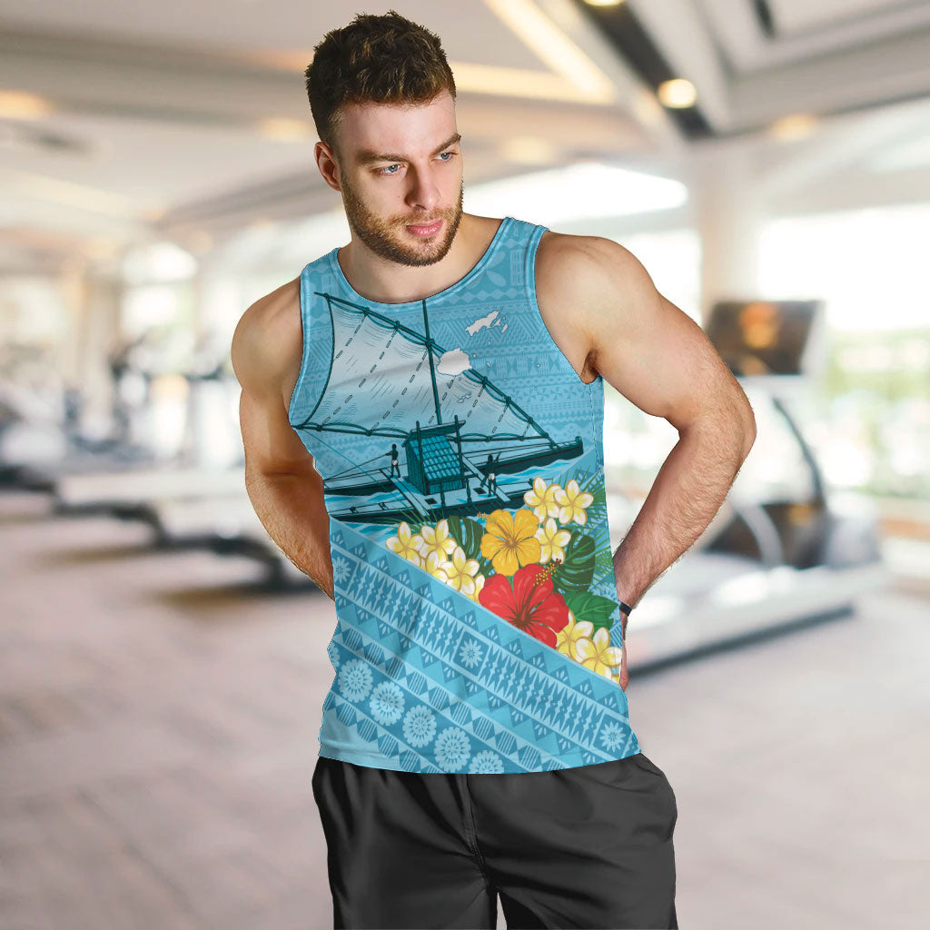 Personalised Bula Vinaka Fiji Drua Men Tank Top Fijian Traditional Canoe Tapa Cloth Blue