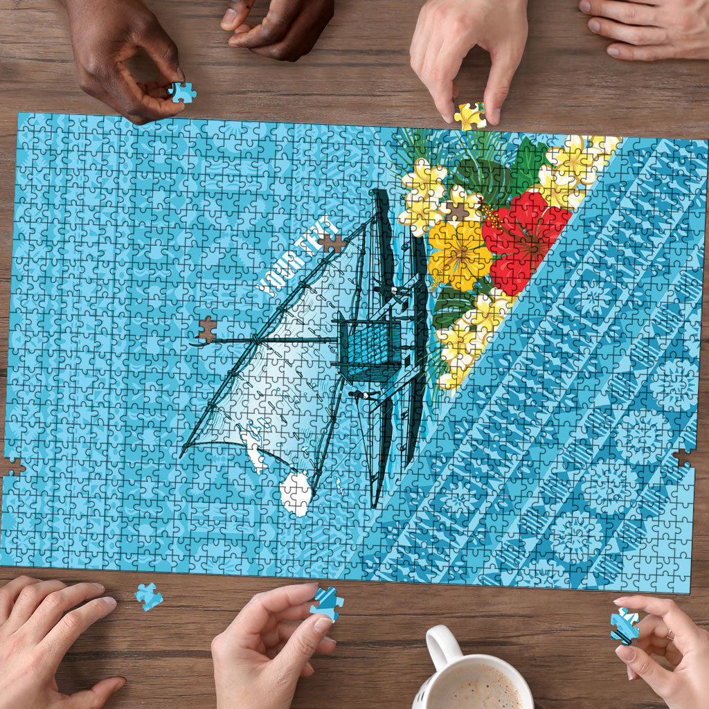 Personalised Bula Vinaka Fiji Drua Puzzle Fijian Traditional Canoe Tapa Cloth Blue LT14 - Polynesian Pride