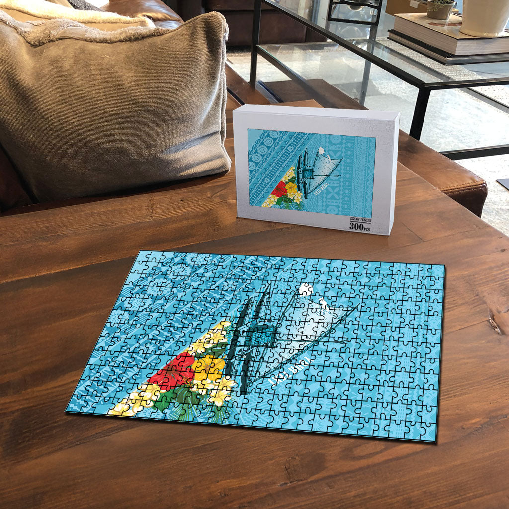 Personalised Bula Vinaka Fiji Drua Puzzle Fijian Traditional Canoe Tapa Cloth Blue LT14 - Polynesian Pride
