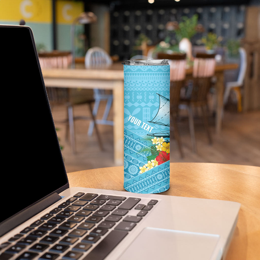 Personalised Bula Vinaka Fiji Drua Skinny Tumbler Fijian Traditional Canoe Tapa Cloth Blue LT14 - Polynesian Pride