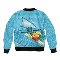 Personalised Bula Vinaka Fiji Drua Sleeve Zip Bomber Jacket Fijian Traditional Canoe Tapa Cloth Blue LT14 - Polynesian Pride