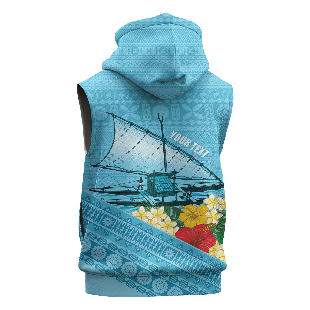 Personalised Bula Vinaka Fiji Drua Sleeveless Hoodie Fijian Traditional Canoe Tapa Cloth Blue LT14 - Polynesian Pride