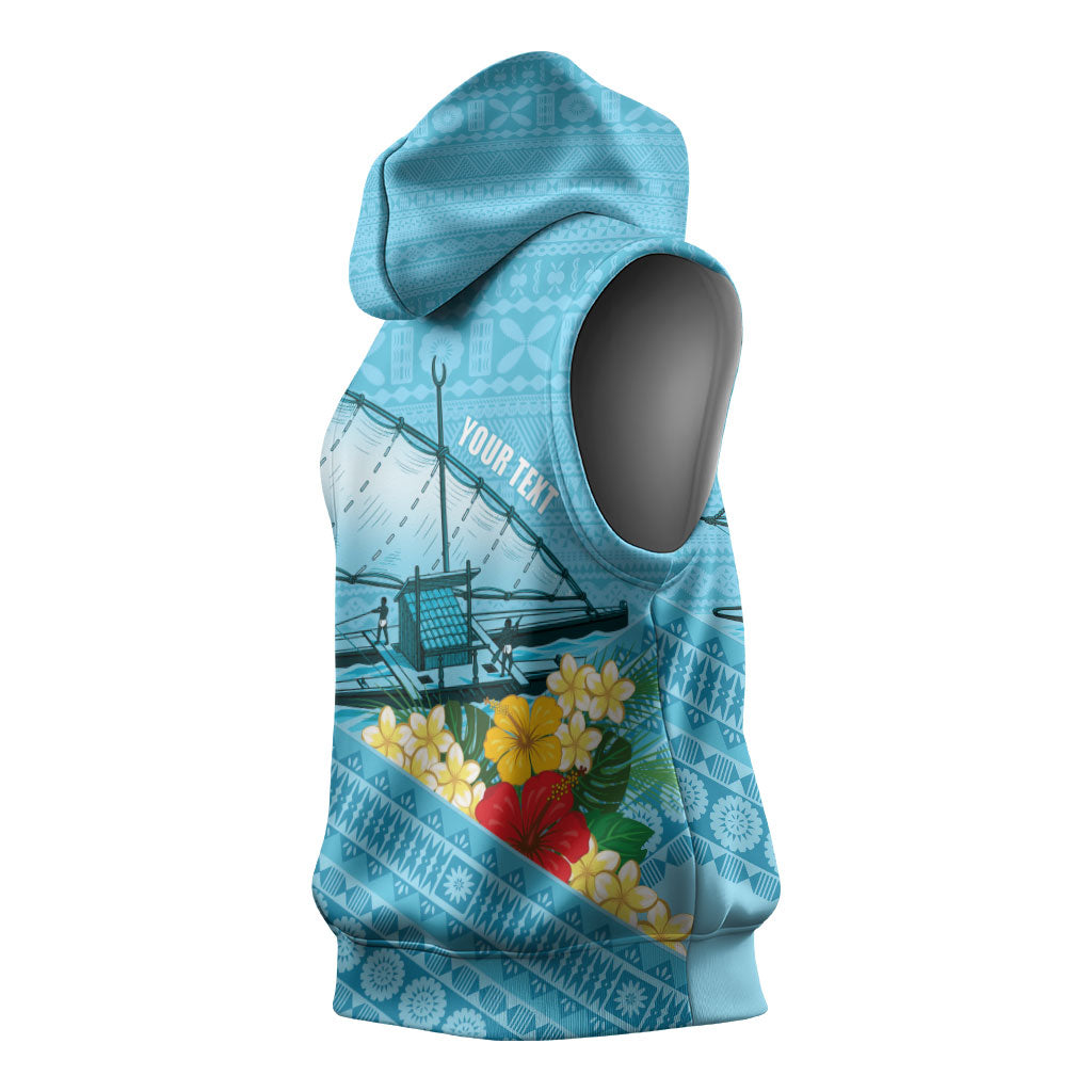 Personalised Bula Vinaka Fiji Drua Sleeveless Hoodie Fijian Traditional Canoe Tapa Cloth Blue LT14 - Polynesian Pride