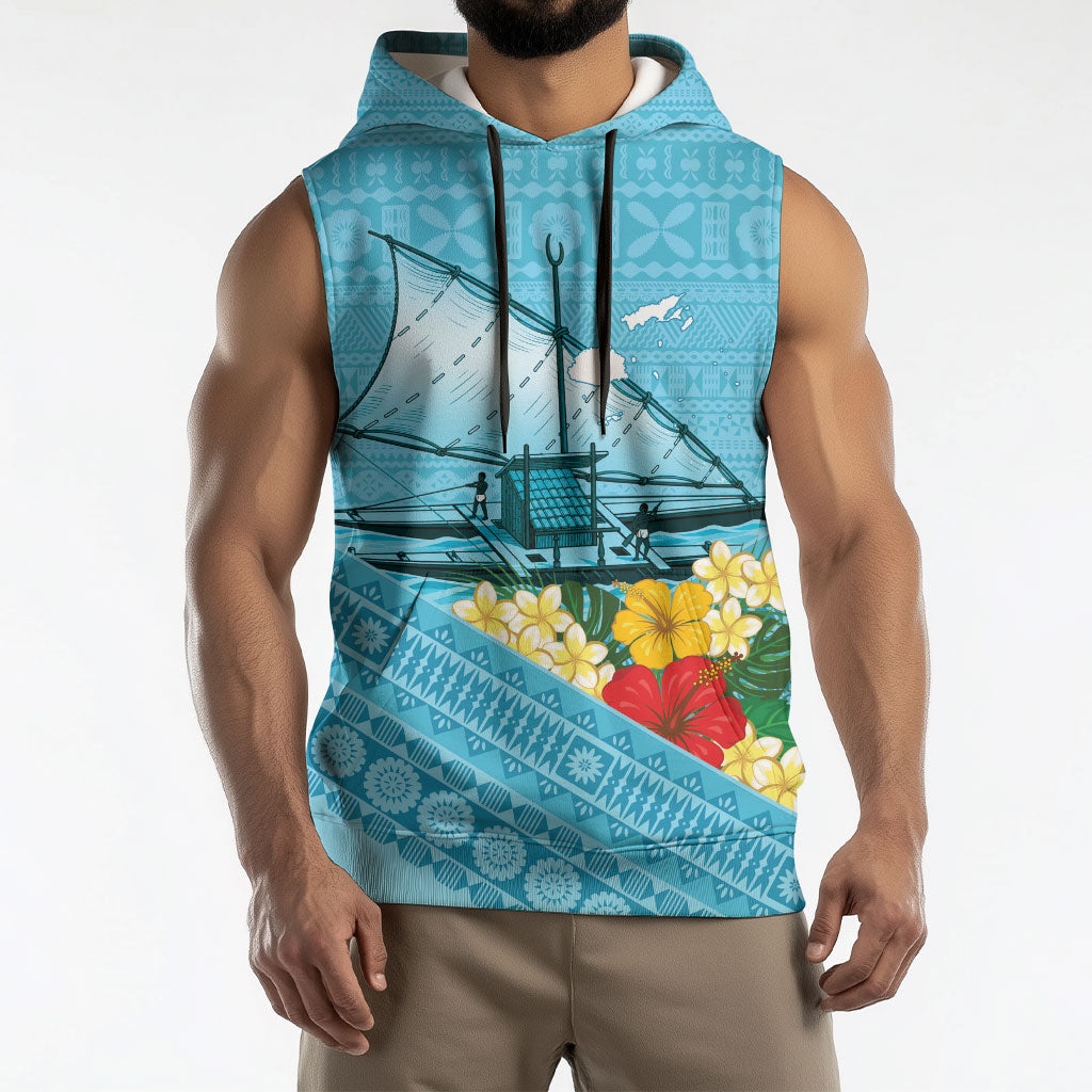 Personalised Bula Vinaka Fiji Drua Sleeveless Hoodie Fijian Traditional Canoe Tapa Cloth Blue LT14 - Polynesian Pride