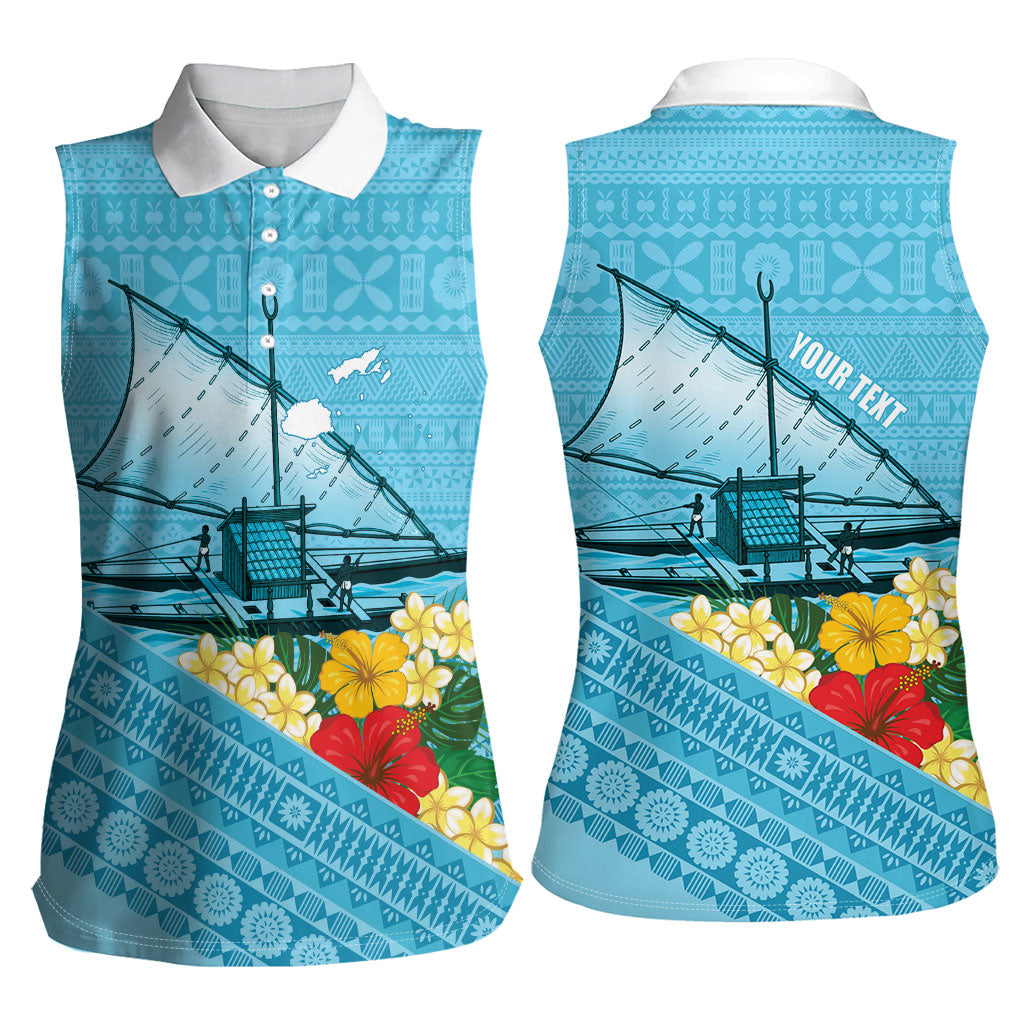 Personalised Bula Vinaka Fiji Drua Women Sleeveless Polo Shirt Fijian Traditional Canoe Tapa Cloth Blue LT14 - Polynesian Pride