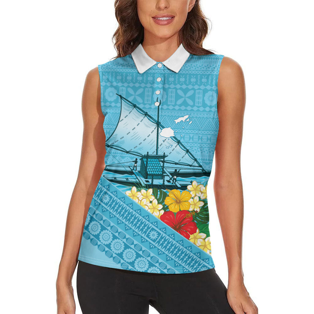 Personalised Bula Vinaka Fiji Drua Women Sleeveless Polo Shirt Fijian Traditional Canoe Tapa Cloth Blue LT14 - Polynesian Pride