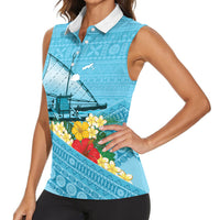 Personalised Bula Vinaka Fiji Drua Women Sleeveless Polo Shirt Fijian Traditional Canoe Tapa Cloth Blue LT14 - Polynesian Pride