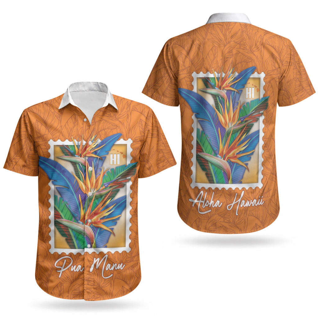 Aloha Hawaii Pua Manu Couples Matching Puletasi and Hawaiian Shirt Hawaiian Bird of Paradise Flowers Stylized Stamp LT14 - Polynesian Pride