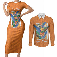 Aloha Hawaii Pua Manu Couples Matching Short Sleeve Bodycon Dress and Long Sleeve Button Shirt Hawaiian Bird of Paradise Flowers Stylized Stamp LT14 Orange - Polynesian Pride